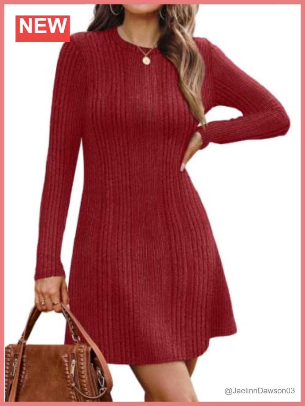 Sweater Dress Long Sleeve Crew Neck A-Line Ribbed Knit Bodycon